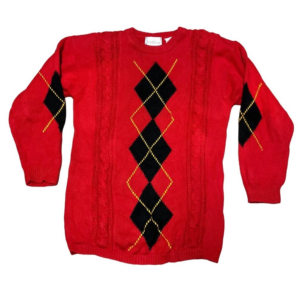 Vtg Red Jantzen Argyle Sweater Sz S Pullover Crew Neck Shoulder Pads Womens